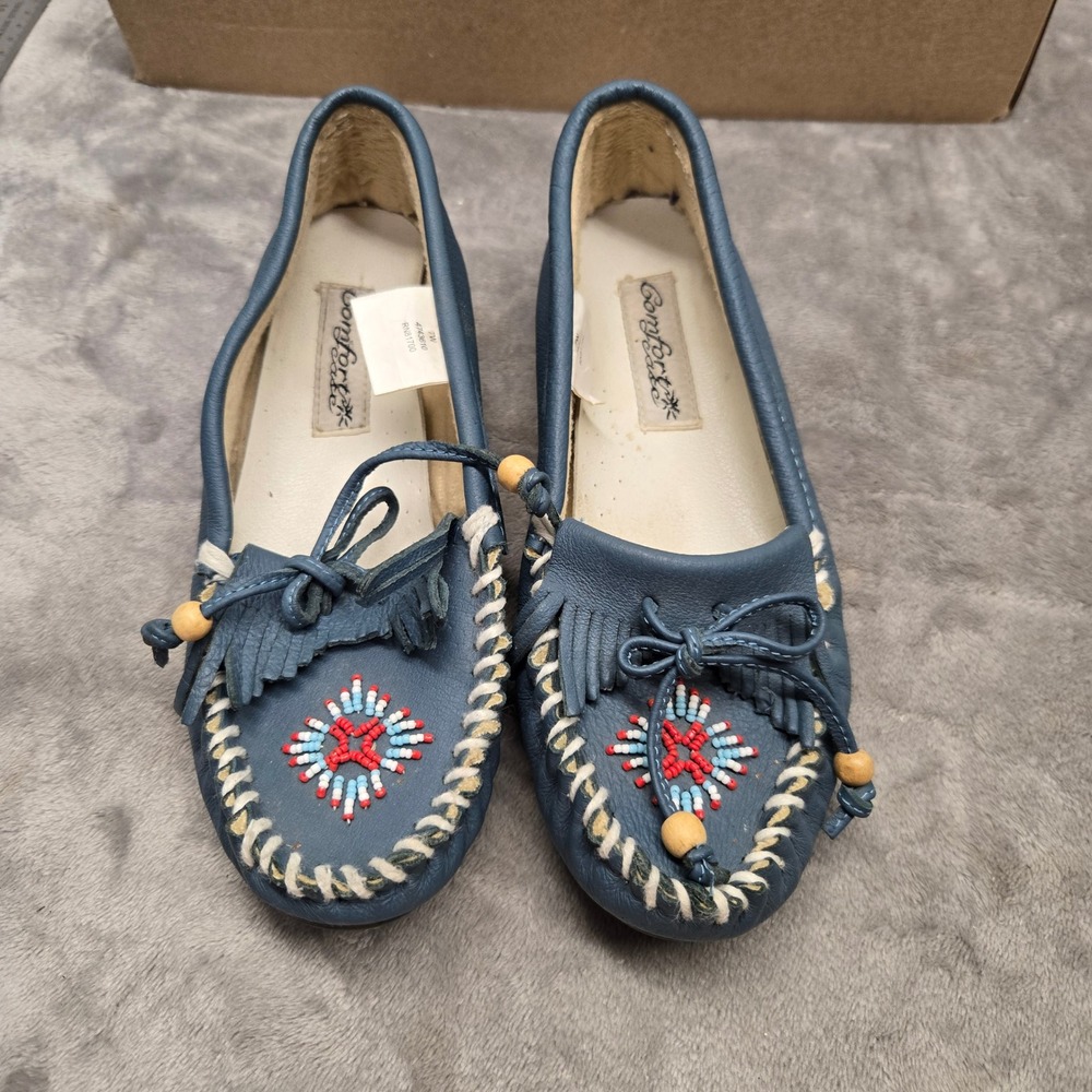 Comfort Ease Womens Blue Leather Beaded Moccasins Fringe Flats Shoes Size 7
